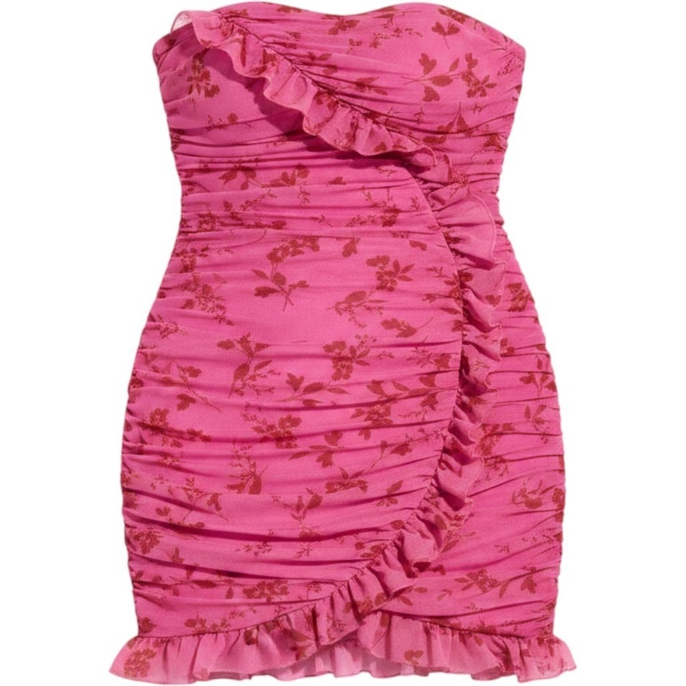 Womens Ruched Ruffle Tube Mini Bodycon Dress Pink Floral Strapless Large - Picture 5 of 6